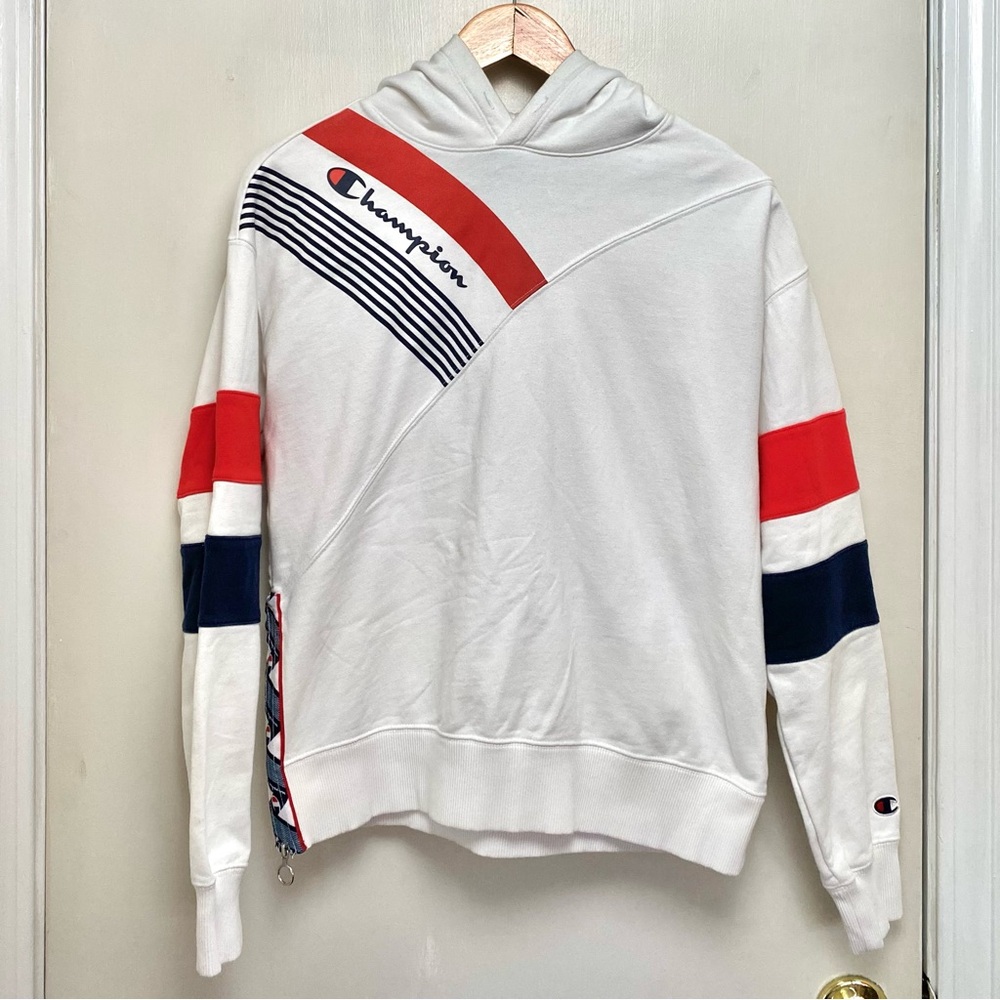 Champion Vintage Men's White Hoodie with Red and Navy Stripes